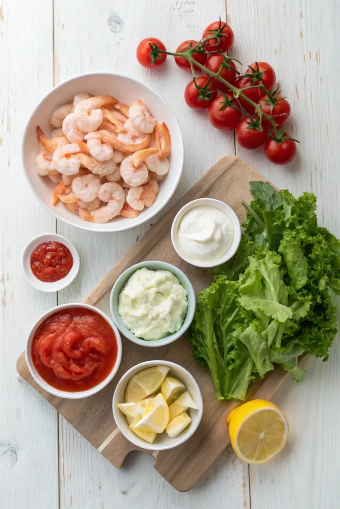 Measured ingredients for layered seafood dip arranged in glass bowls on a light wooden surface.