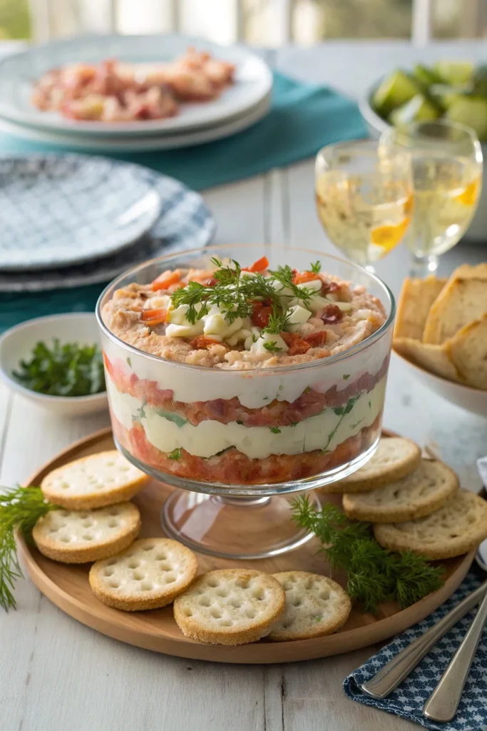 Chilled layered seafood dip with crackers, chips, and lemon wedges on a party table