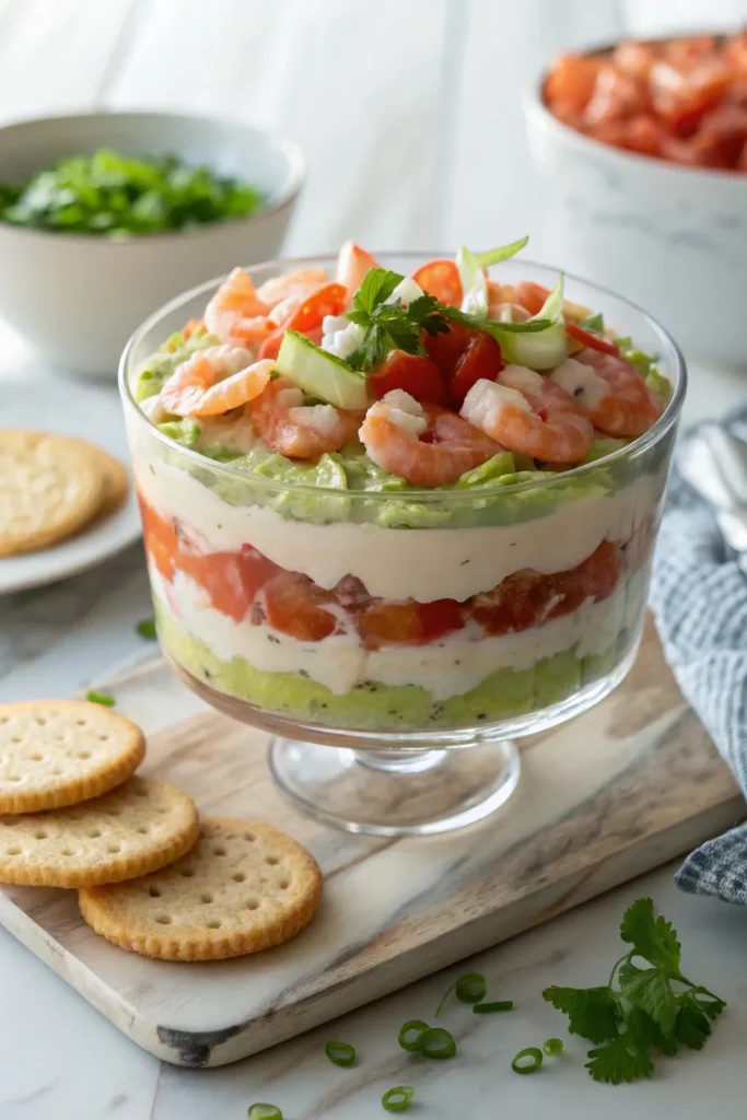 Chilled layered seafood dip with crackers, chips, and lemon wedges on a party table
