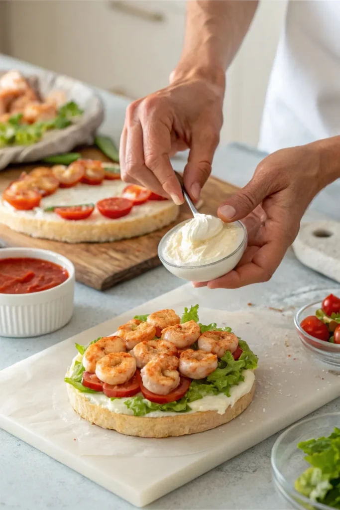 Hands layering cream cheese, spreading cocktail sauce, and sprinkling chopped shrimp and veggies into a glass dish