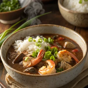 Steaming bowl of seafood gumbo with shrimp, crab, and oysters in rich brown broth served over white rice, garnished with green onions