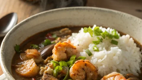 Steaming bowl of seafood gumbo with shrimp, crab, and oysters in rich brown broth served over white rice, garnished with green onions.