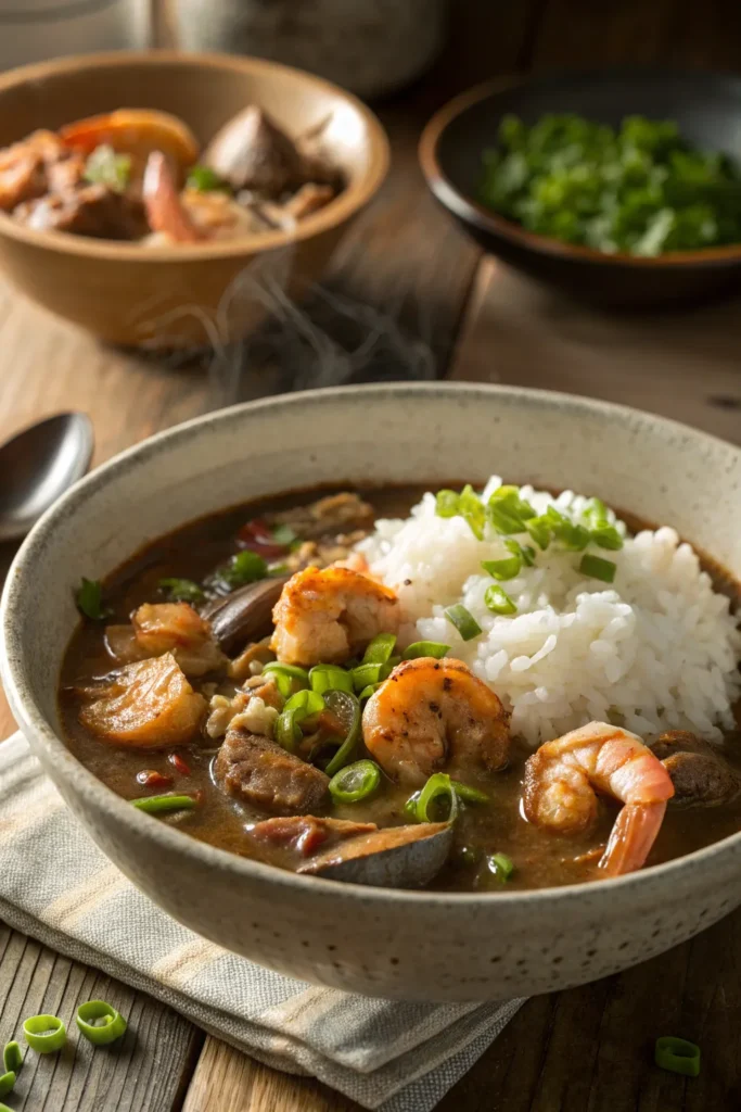 Steaming bowl of seafood gumbo with shrimp, crab, and oysters in rich brown broth served over white rice, garnished with green onions.