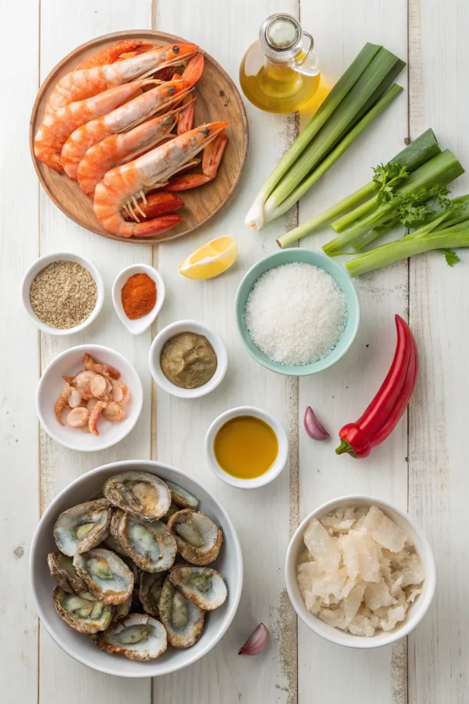 Overhead shot of measured gumbo ingredients in small glass bowls: chopped onions, peppers, celery, flour, oil, Cajun seasoning, and seafood pieces on a white marble countertop. Soft natural lighting, high detail.