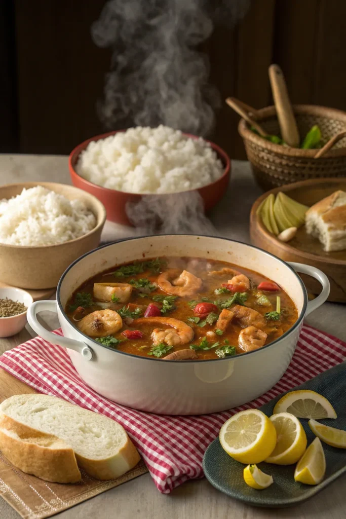 Seafood gumbo served in a pot with rice and bread on a Southern kitchen table