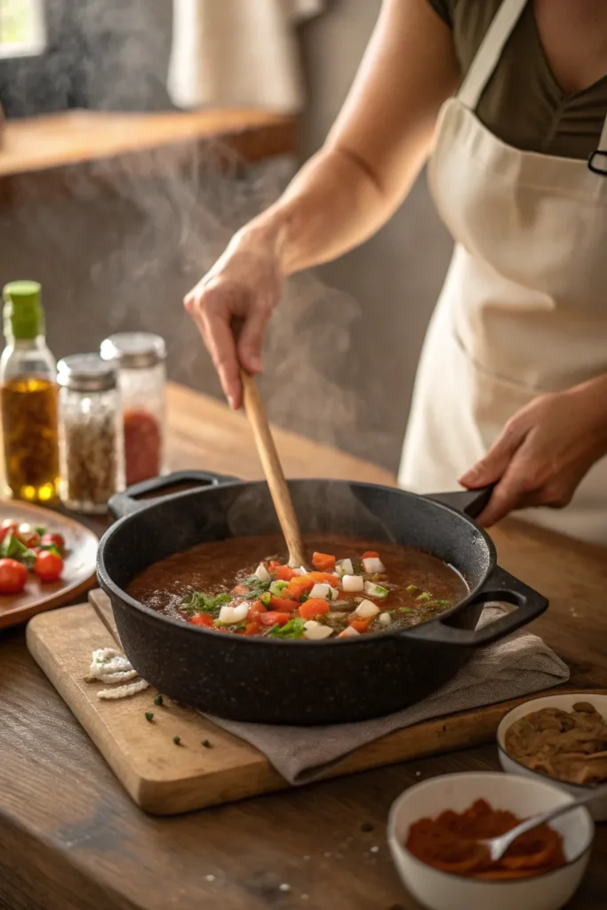 Realistic sequence image showing a cook stirring dark brown roux in a cast-iron pot, adding vegetables, then seafood. Visible steam, warm kitchen lighting, natural candid angle.