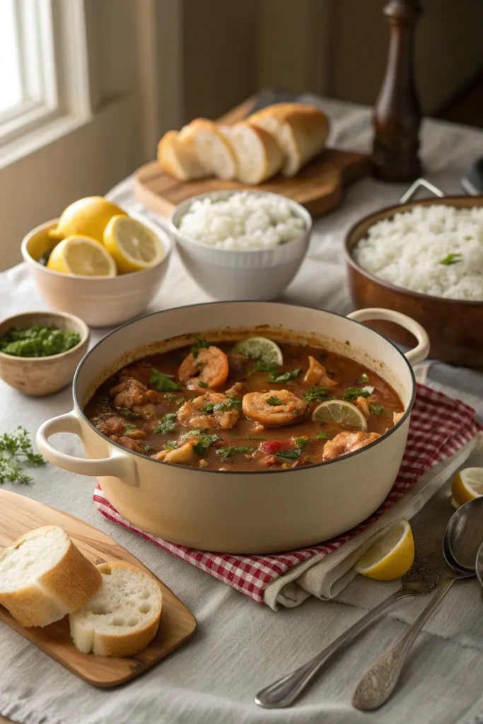 Seafood gumbo served in a pot with rice and bread on a Southern kitchen table