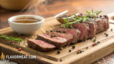 Close-up of juicy grilled beef slices on a rustic wooden board with herbs and peppercorns, warm natural lighting, steam rising gently — featured image for Beef Recipes Guide on FlavorMeat.com