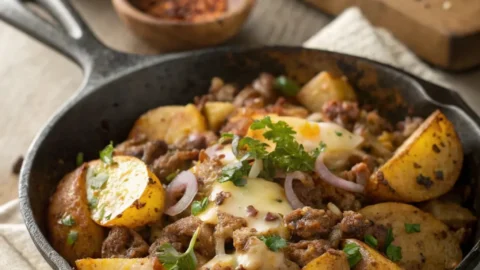 Ground beef and potato skillet served hot in a rustic cast-iron pan, topped with melted cheese and parsley on a wooden table.