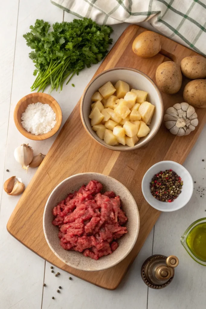Ingredients for ground beef and potato recipe — raw ground beef, diced potatoes, onions, garlic, paprika, salt, pepper, and olive oil arranged on a wooden cutting board