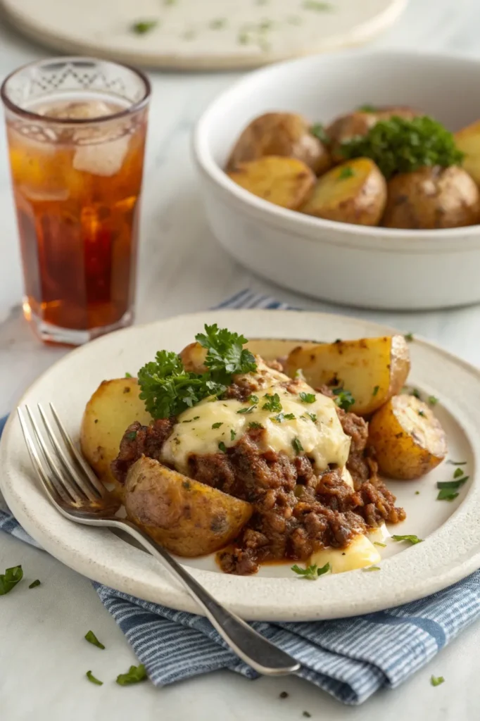 Plate of cooked ground beef and potatoes topped with melted cheese and parsley, served with a fork and napkin beside it.