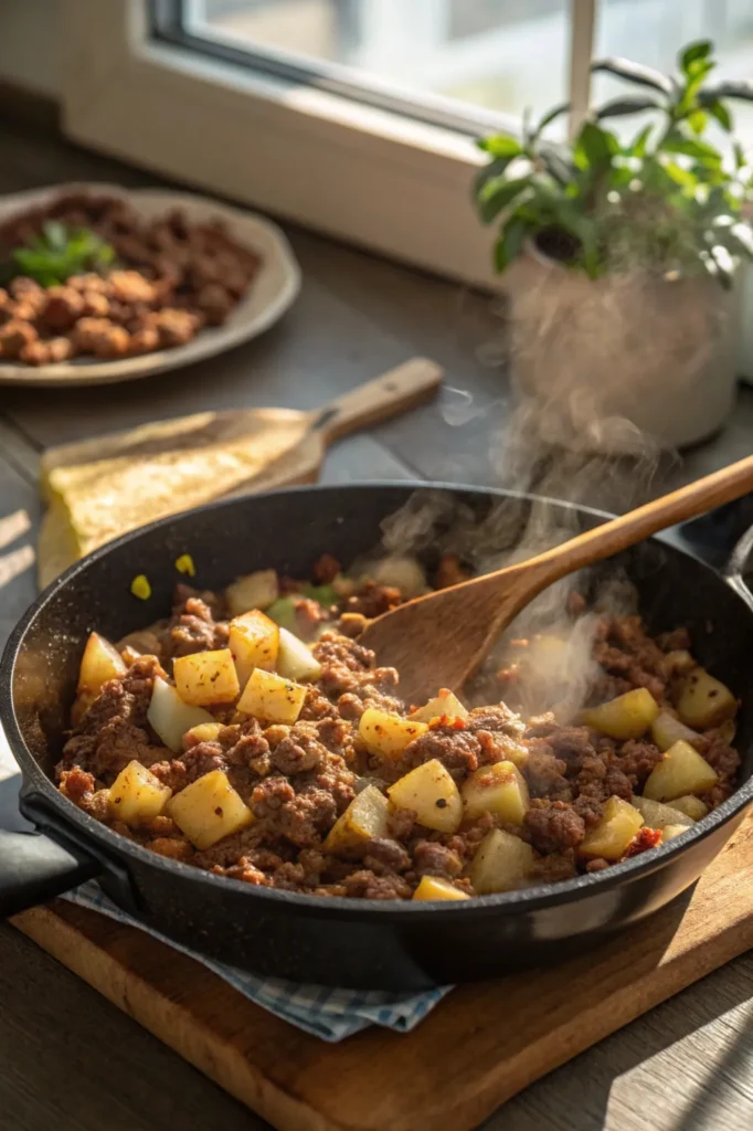 Ground beef, onions, and diced potatoes sizzling in a skillet with steam rising while being stirred with a wooden spoon.