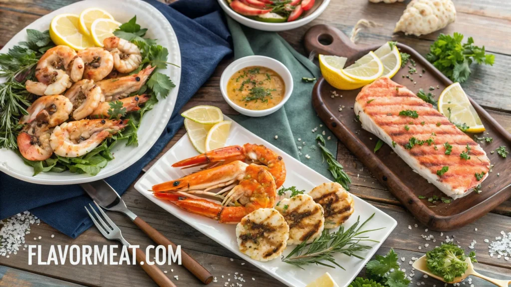 Assorted seafood dishes — grilled shrimp, baked fish, and crab legs garnished with herbs and lemon on a wooden table
