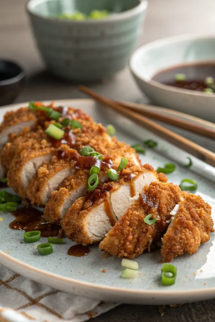 Close-up of crispy chicken pieces topped with bang bang sauce and green onions.