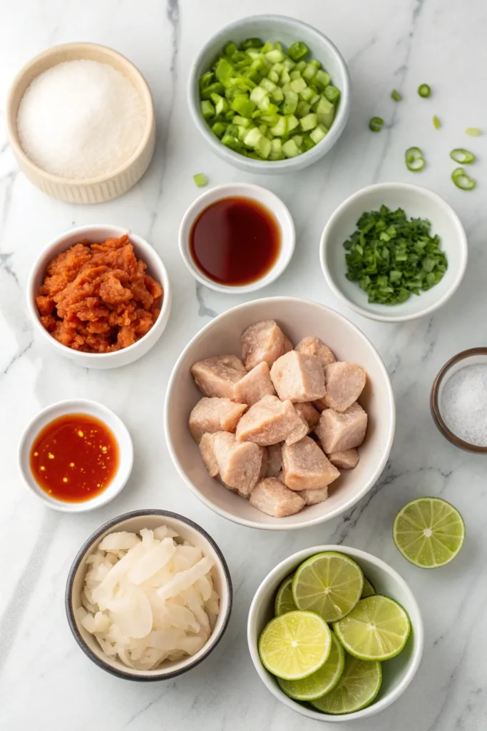 Ingredients for Crispy Bang Bang Chicken arranged in bowls on a marble counter.