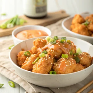 Crispy Bang Bang Chicken coated in creamy sweet-spicy sauce with green onions and sesame seeds in a white bowl.