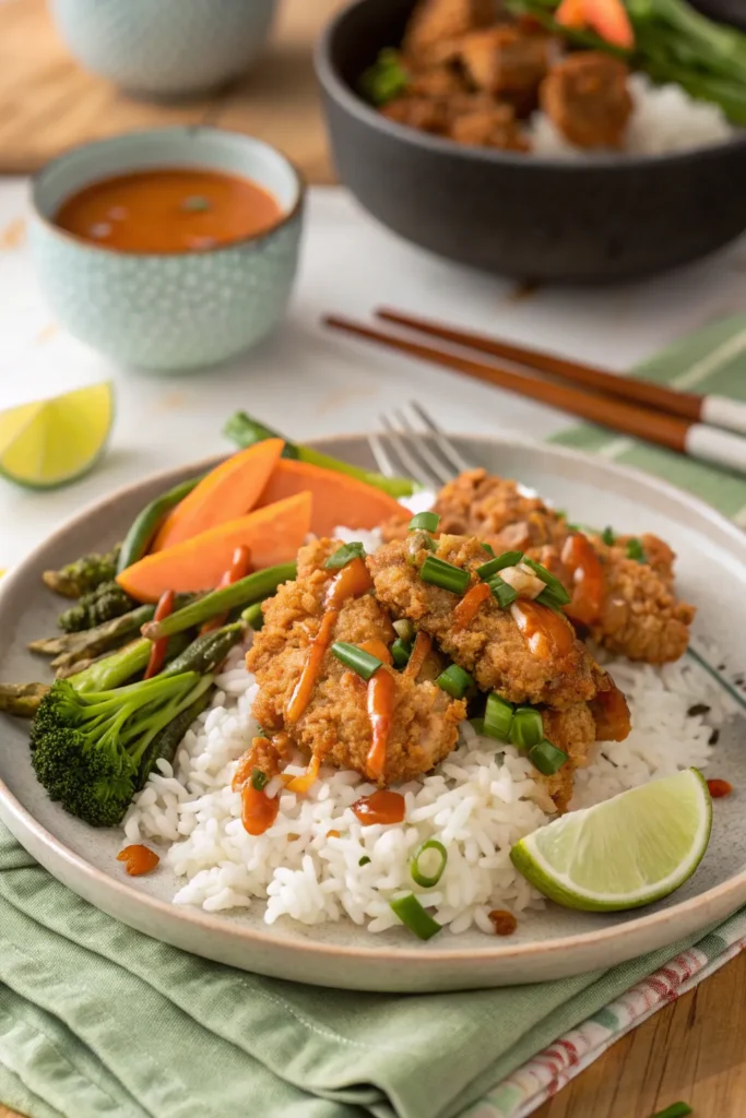 Bang Bang Chicken served over rice with vegetables and a drizzle of sauce.