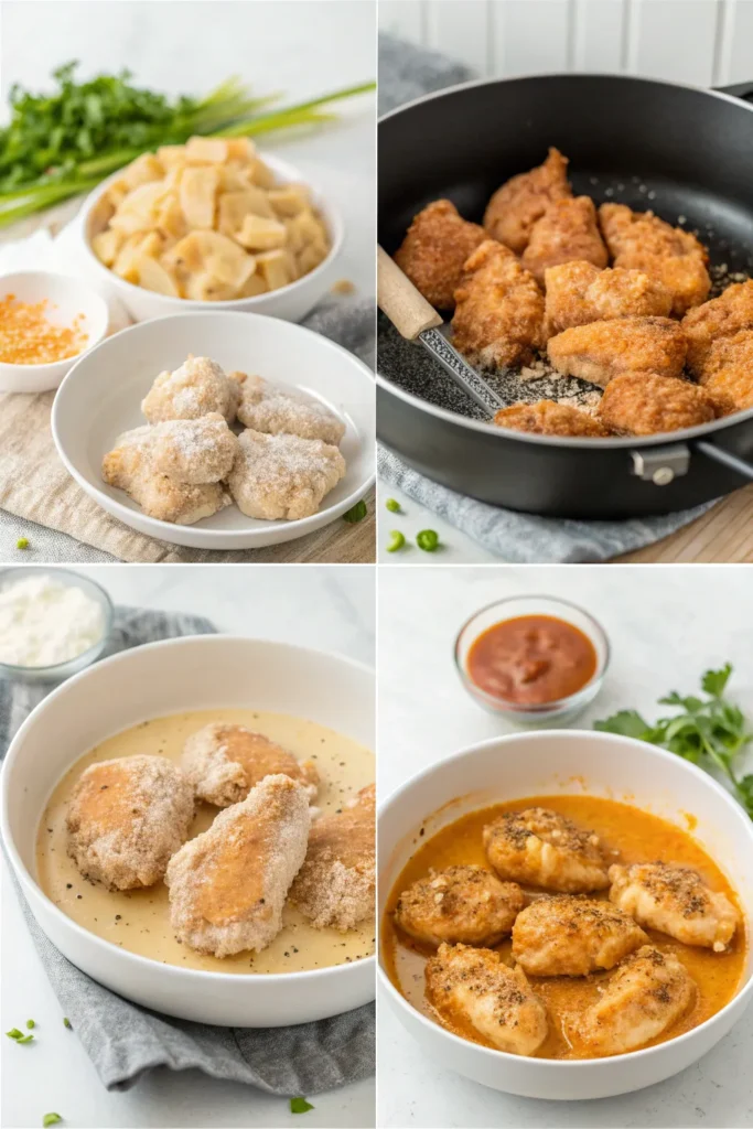 Four-step collage showing seasoning, coating, pan-frying, and saucing Bang Bang Chicken.
