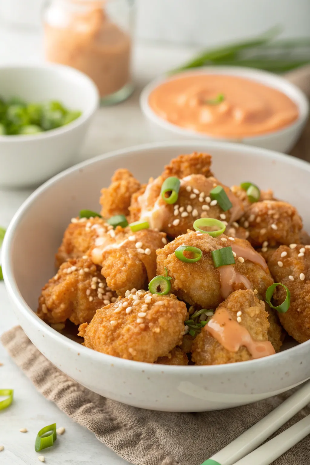 Crispy Bang Bang Chicken coated in creamy sweet-spicy sauce with green onions and sesame seeds in a white bowl.