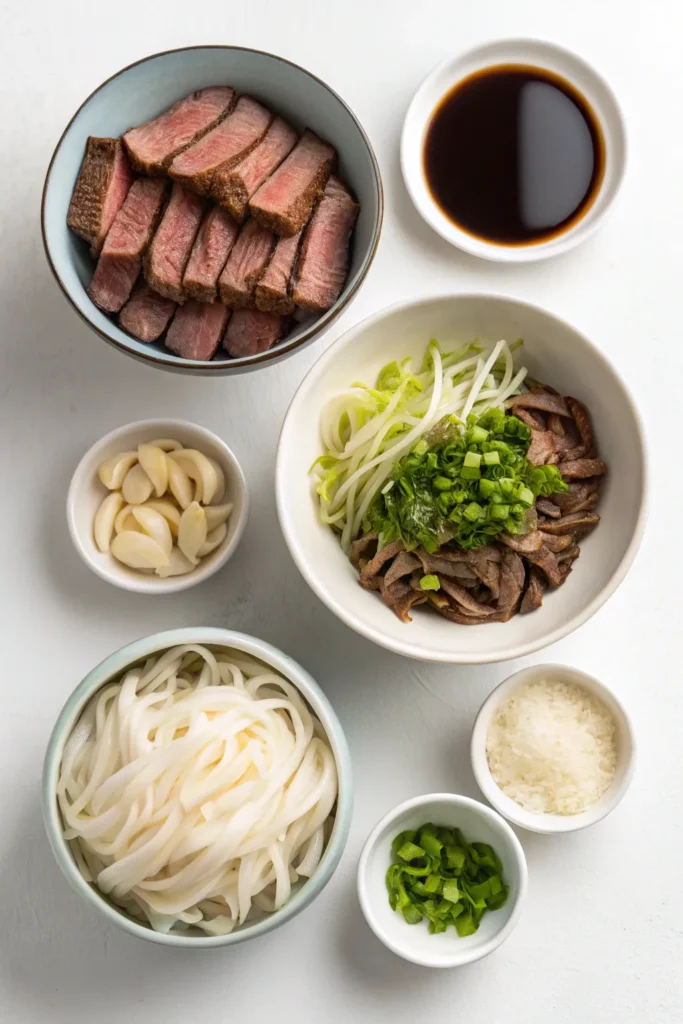 Flat-lay of Beef Chow Fun ingredients in bowls on a white background.