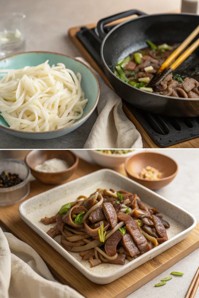 marinated beef, noodles, wok cooking, and plated chow fun.