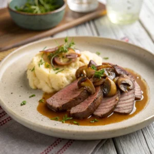 Sliced tender beef tongue served on a rustic ceramic plate with herbs, mushrooms, and broth.