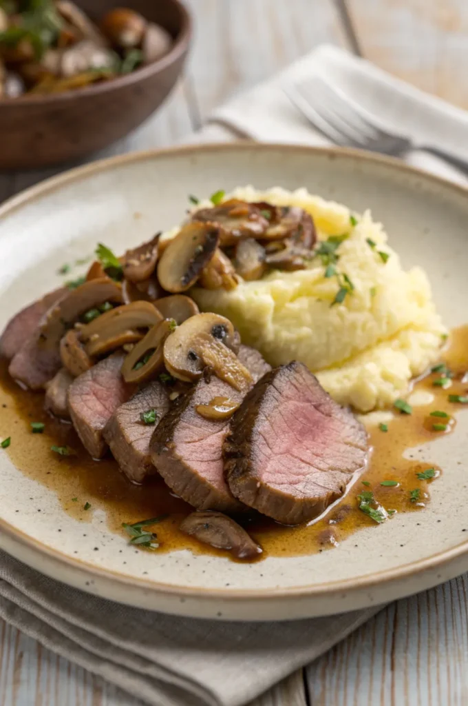 Beef tongue served with mashed potatoes and mushroom-onion topping on a rustic plate.
