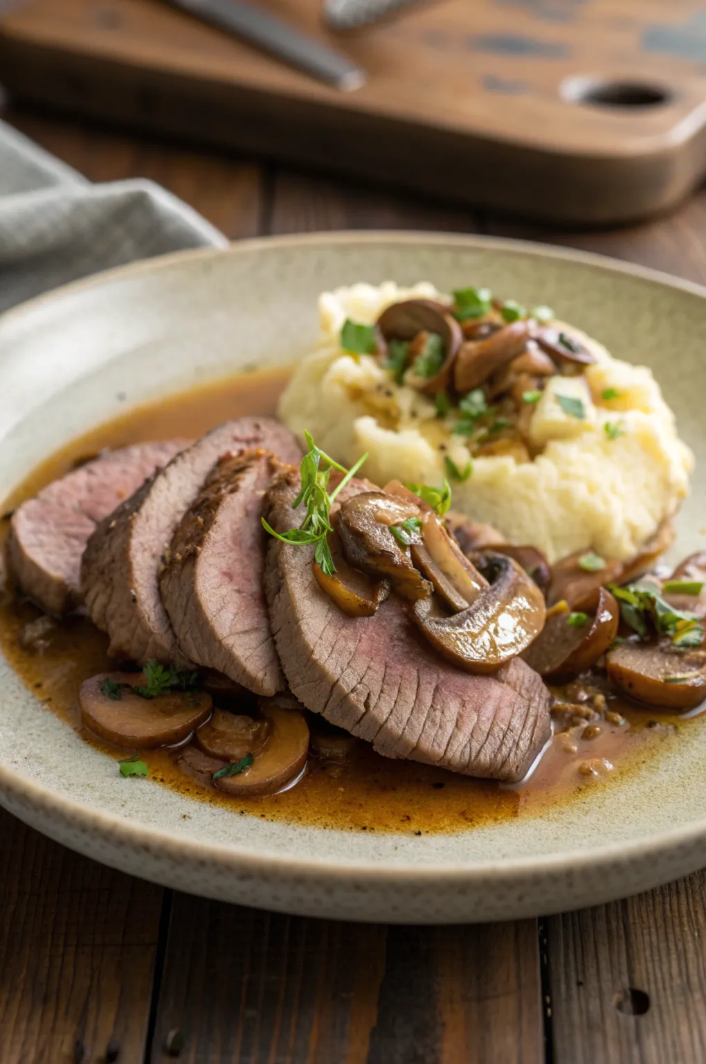 Sliced tender beef tongue served on a rustic ceramic plate with herbs, mushrooms, and broth.