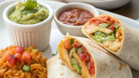 Sliced chicken burrito showing chicken, rice, beans, and cheese on a wooden board with salsa and lime.
