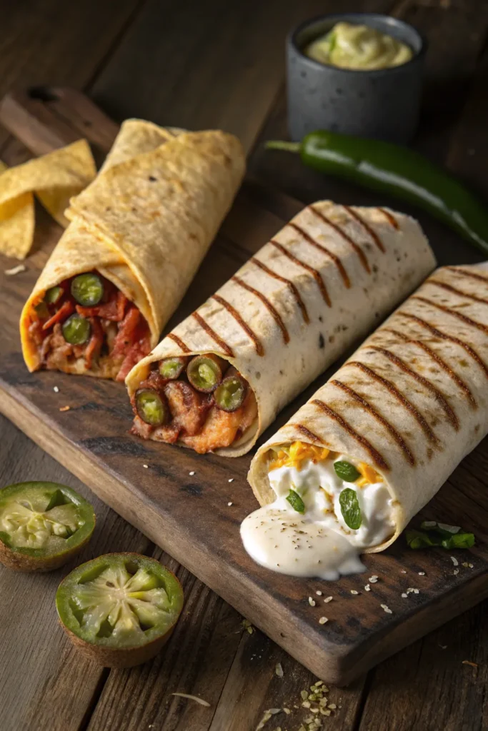 Three types of chicken burritos: grilled, spicy with jalapeños, and creamy with cheese sauce.