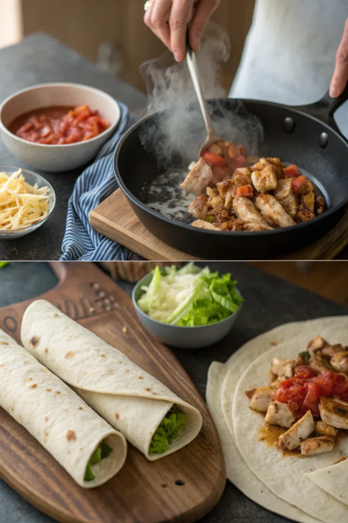 Cook marinating chicken, filling tortillas, and rolling homemade chicken burritos in a kitchen setting.