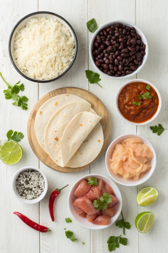 Flat lay of chicken burrito ingredients including chicken, rice, beans, cheese, and spices on a wooden surface.