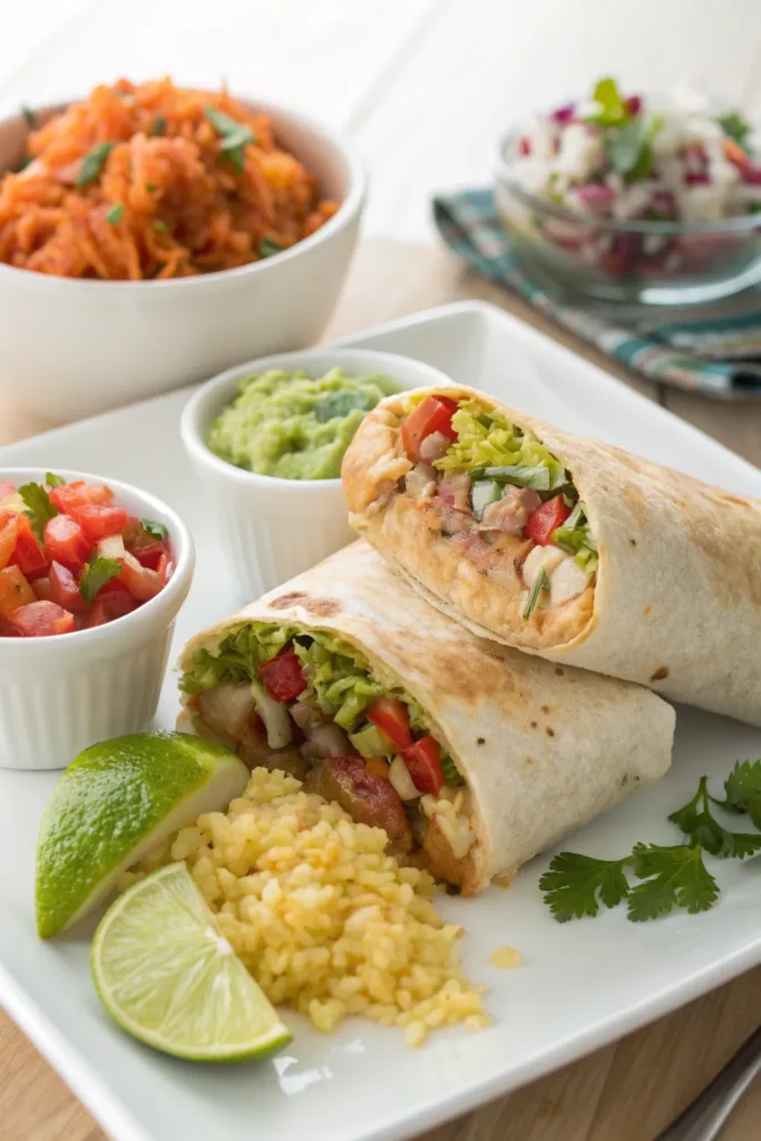 Plated chicken burrito with rice, guacamole, and salsa on a white plate under natural light.