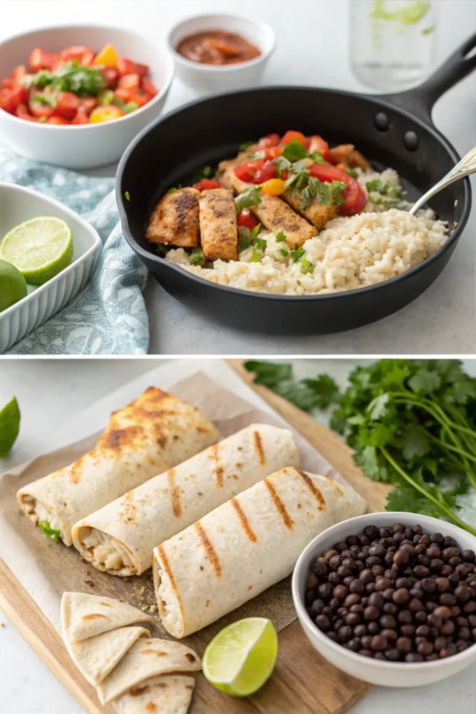 Step-by-step visuals of marinating chicken, cooking, and assembling burritos with rice and beans.