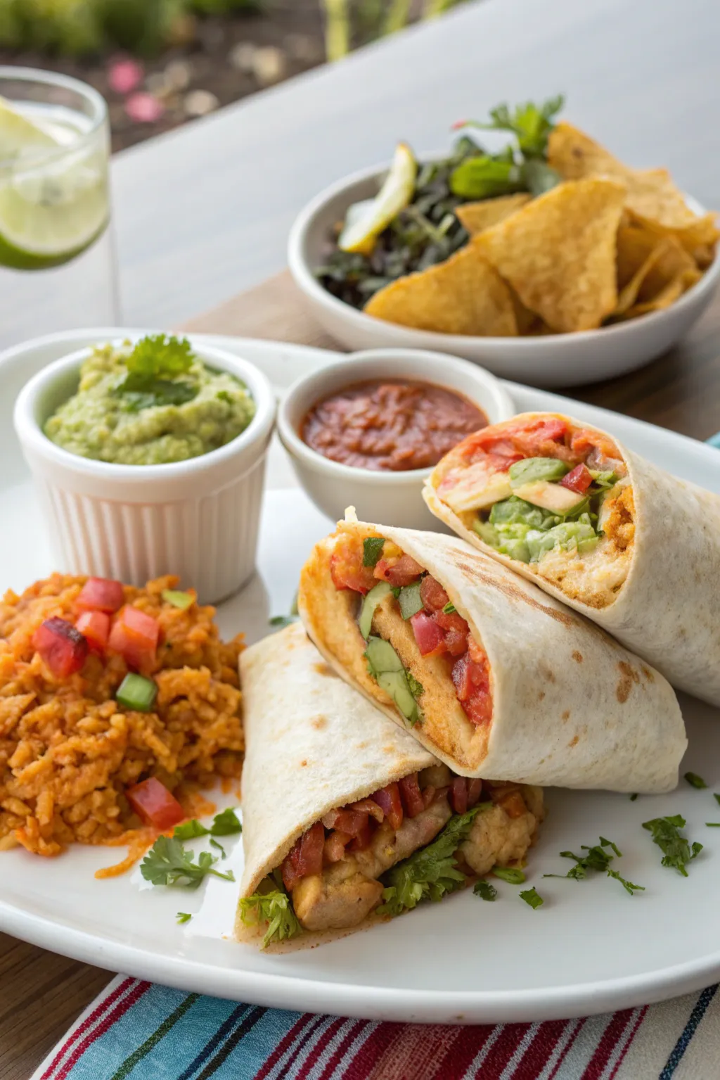 Sliced chicken burrito showing chicken, rice, beans, and cheese on a wooden board with salsa and lime.