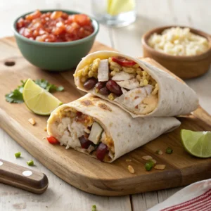 Plated chicken burrito with rice, guacamole, and salsa on a white plate under natural light.