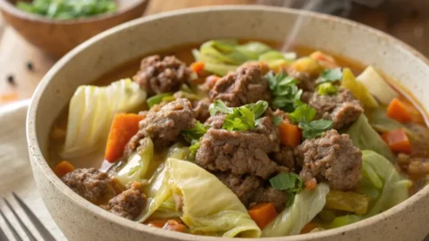 A rustic bowl of ground beef and cabbage with carrots and onions in a savory sauce, garnished with parsley and served on a wooden table.