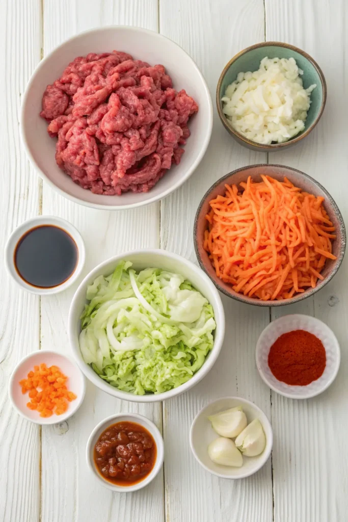 Close-up of measured ingredients for ground beef and cabbage including meat, vegetables, and spices on a wooden table.