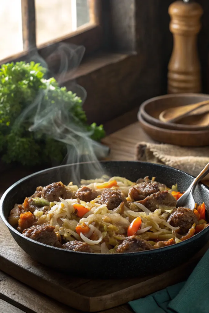 A steaming skillet of ground beef and cabbage with onions and carrots in a cozy home kitchen setting.