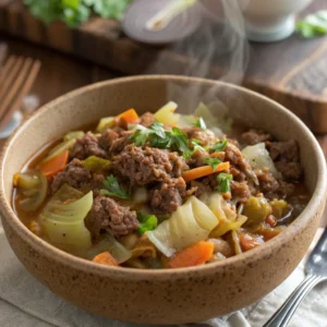 A rustic bowl of ground beef and cabbage with carrots and onions in a savory sauce, garnished with parsley and served on a wooden table.