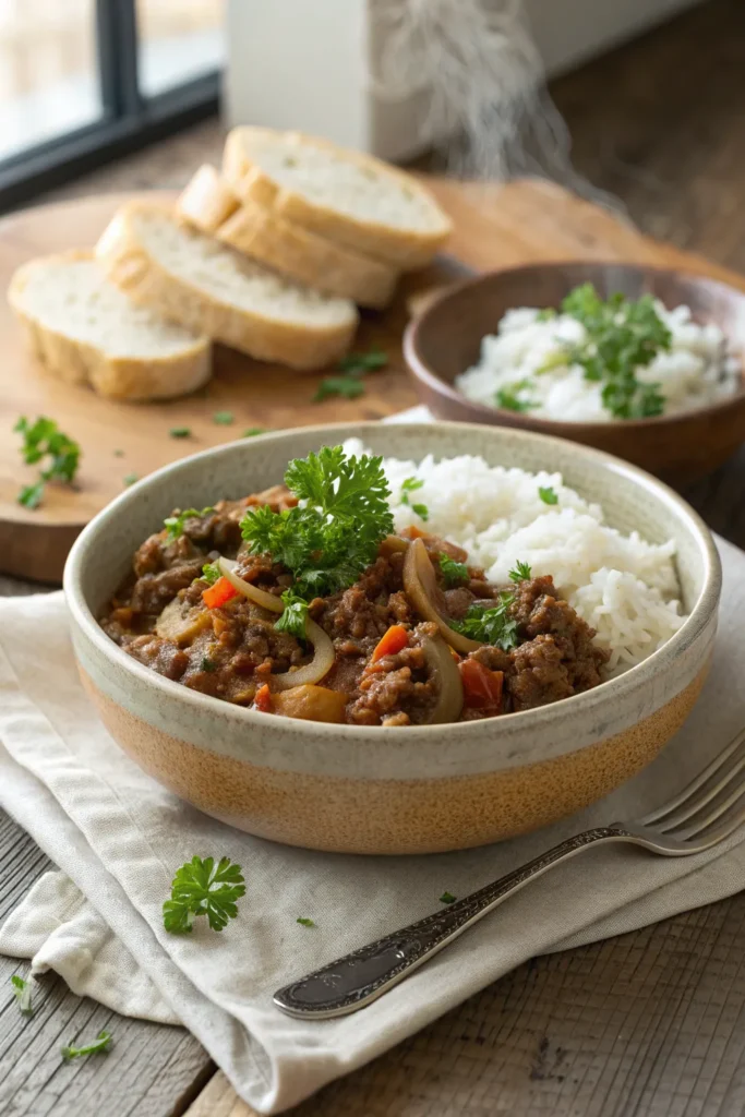 Bowl of ground beef and cabbage with rice and bread on a rustic wooden table, garnished with parsley and styled in natural light.