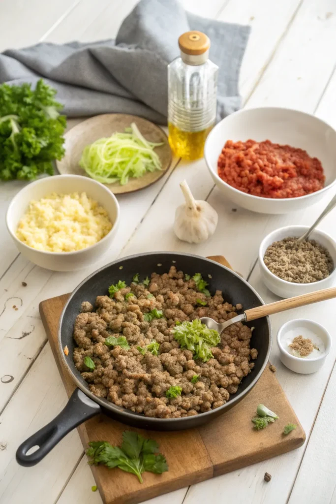 Four-step vertical collage: browning ground beef; sautéing onions, garlic, and tomato paste; tossing in cabbage and carrots; finished Ground Beef and Cabbage plated with parsley and rice.
