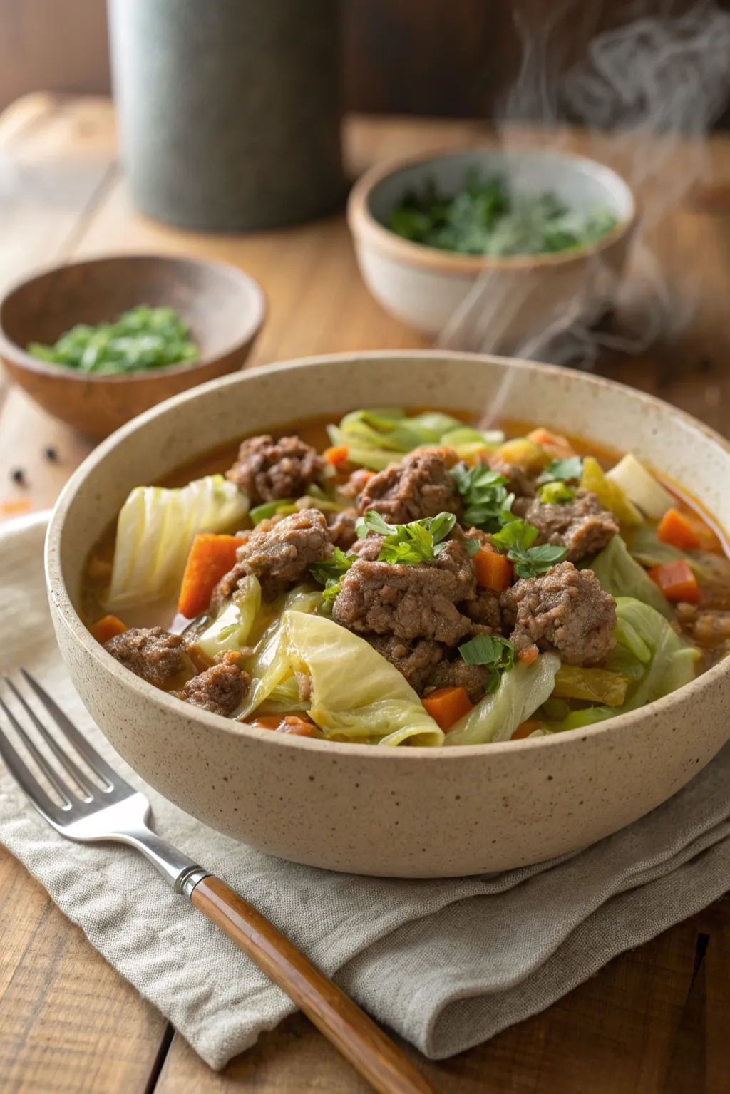 A rustic bowl of ground beef and cabbage with carrots and onions in a savory sauce, garnished with parsley and served on a wooden table.
