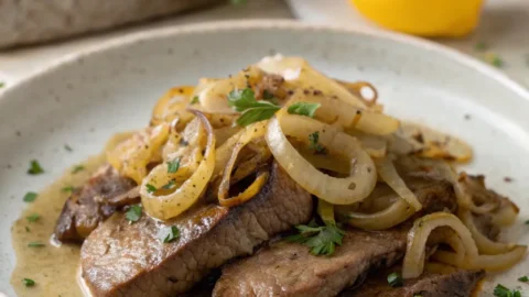 Tender pan-fried beef liver topped with caramelized onions and parsley on a rustic white plate, drizzled with buttery sauce in warm natural light.