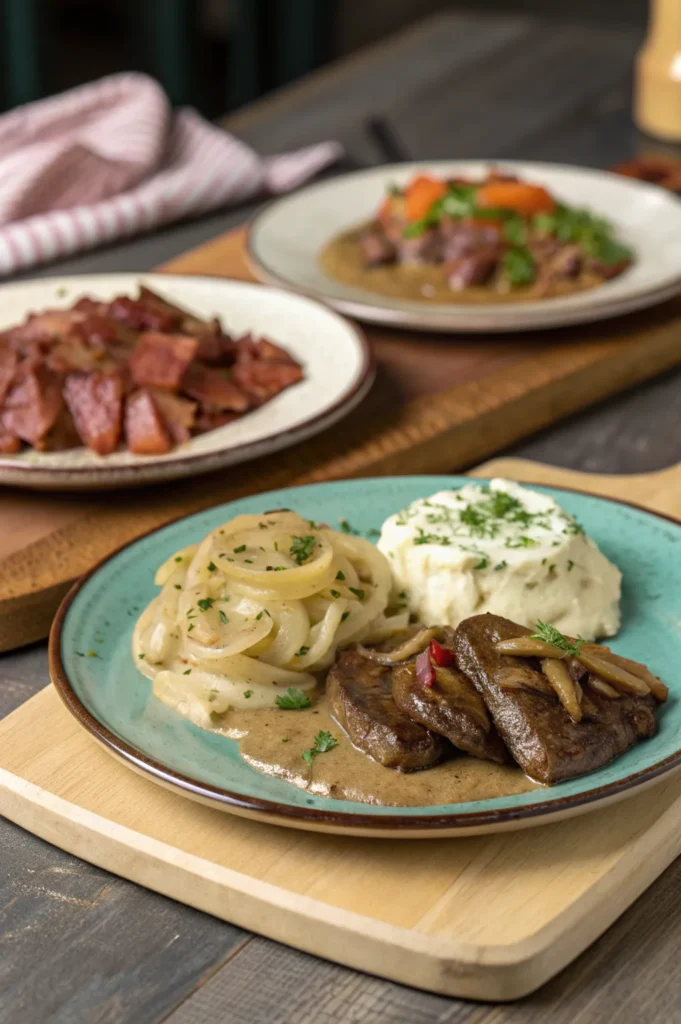 Three versions of liver and onions — classic, Southern-style, and creamy gravy — displayed side by side.