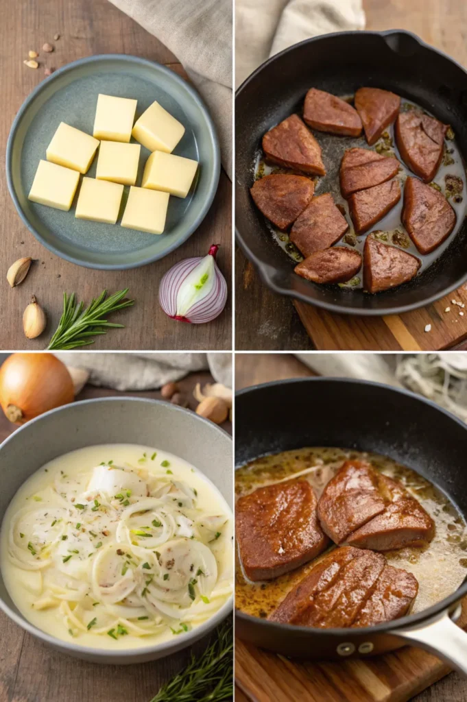 Collage of raw liver soaking in milk, onions caramelizing in butter, and browned liver cooking in a skillet.