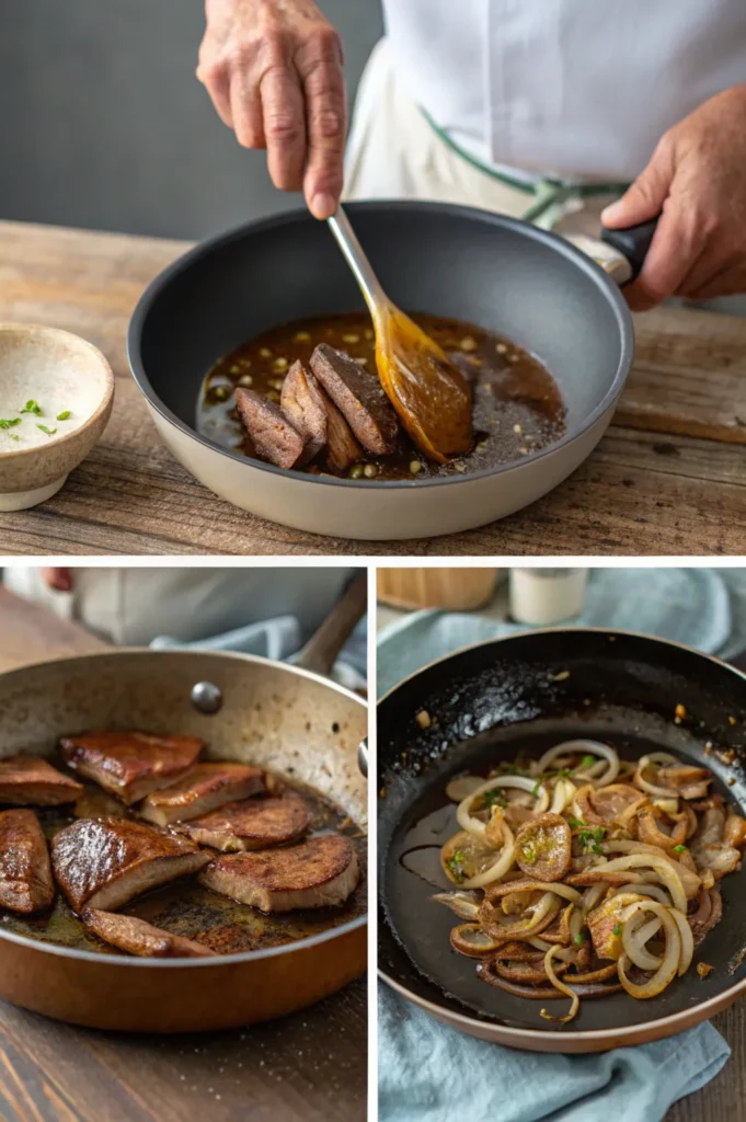 Step-by-step cooking process of liver and onions showing soaking, frying, and deglazing stages in a kitchen setting.