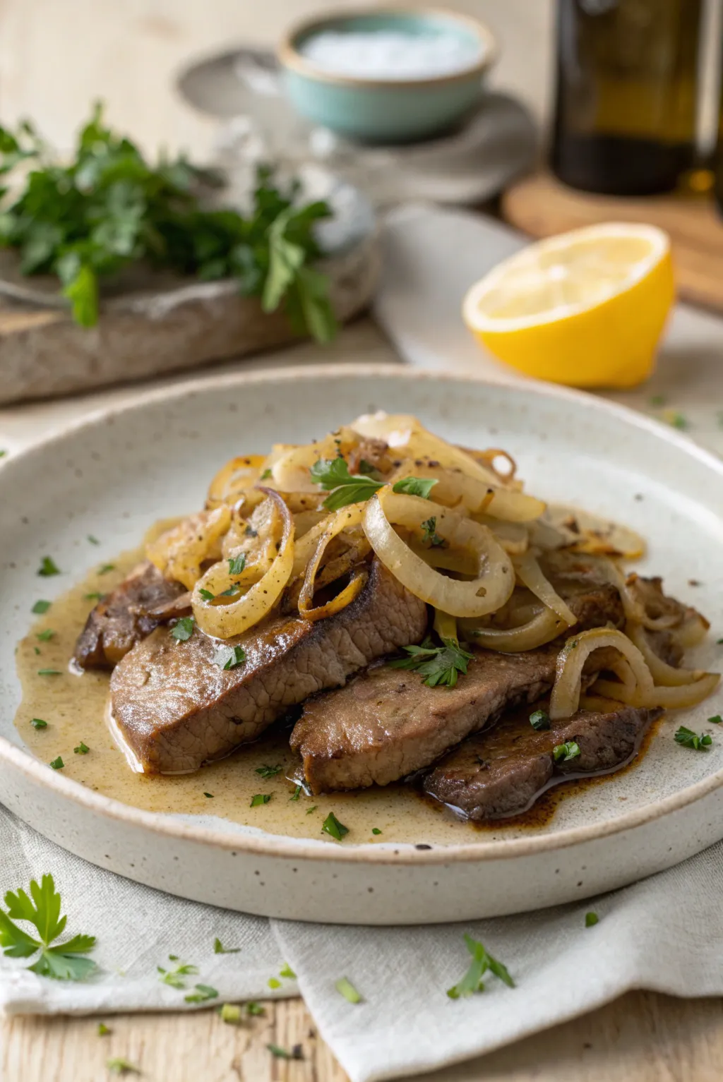 Tender pan-fried beef liver topped with caramelized onions and parsley on a rustic white plate, drizzled with buttery sauce in warm natural light.
