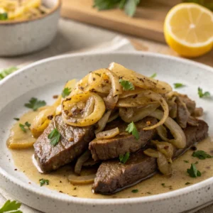Freshly cooked liver and onions served on a rustic table with caramelized onions and parsley garnish in warm kitchen lighting.