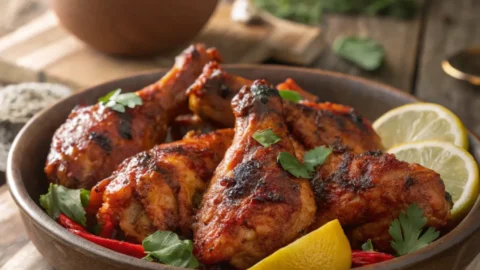 Grilled peri peri chicken glazed with spicy red sauce, garnished with parsley and lemon wedges on a rustic table.